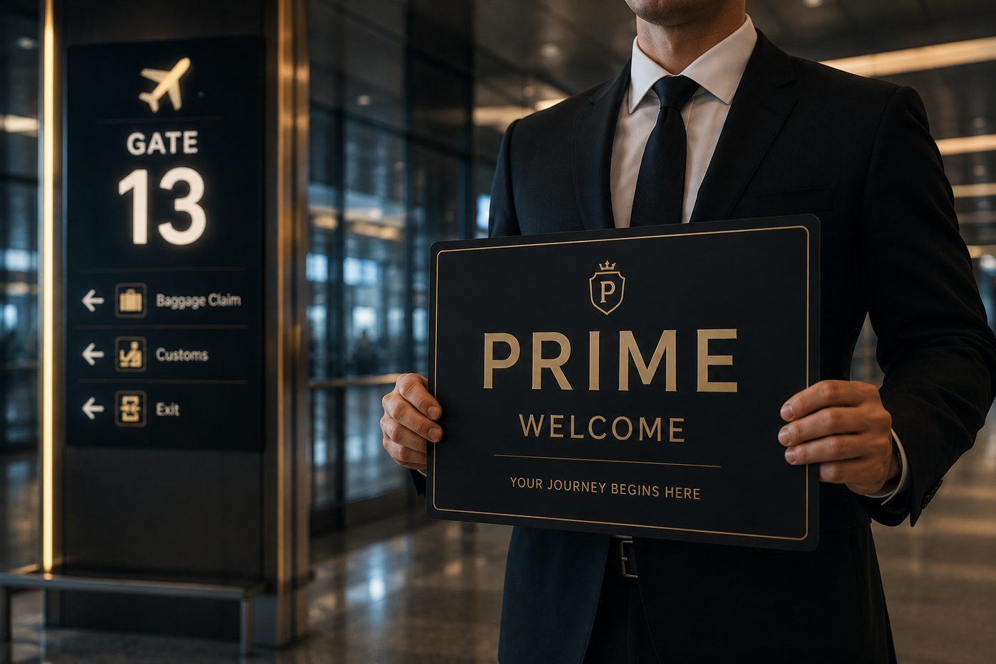 Illuminated Gate 13 sign at the airport with arrows to Baggage Claim, Customs and the Exit